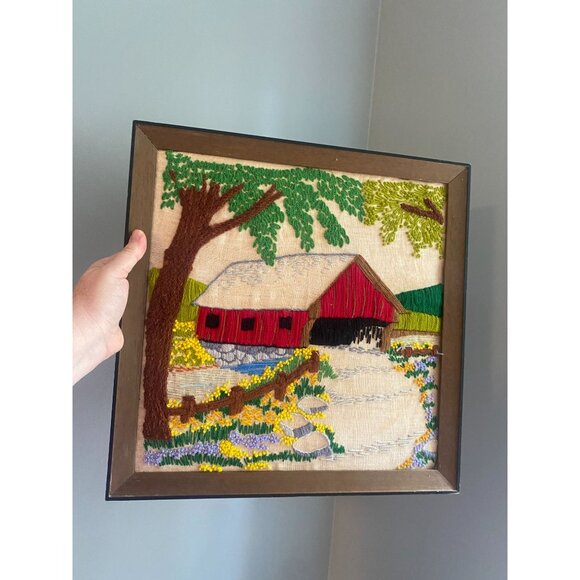 Vintage Framed Crewel Covered Bridge Scene Wall Art 15"x15" Rustic Decor Handmad - Picture 1 of 8